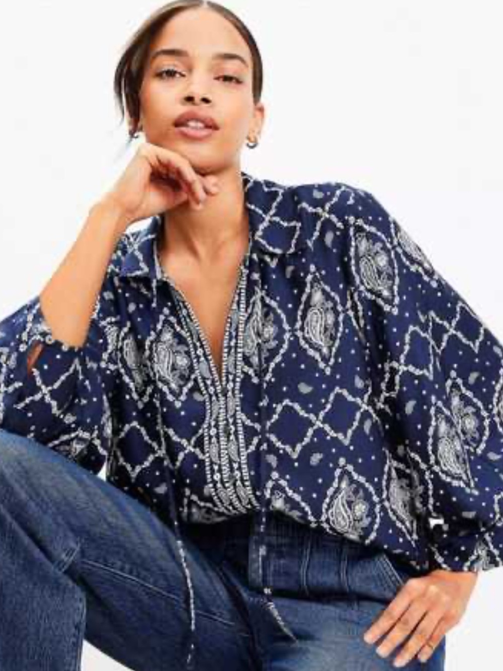 LOFT Navy Blue Paisley Tie-Neck Blouse